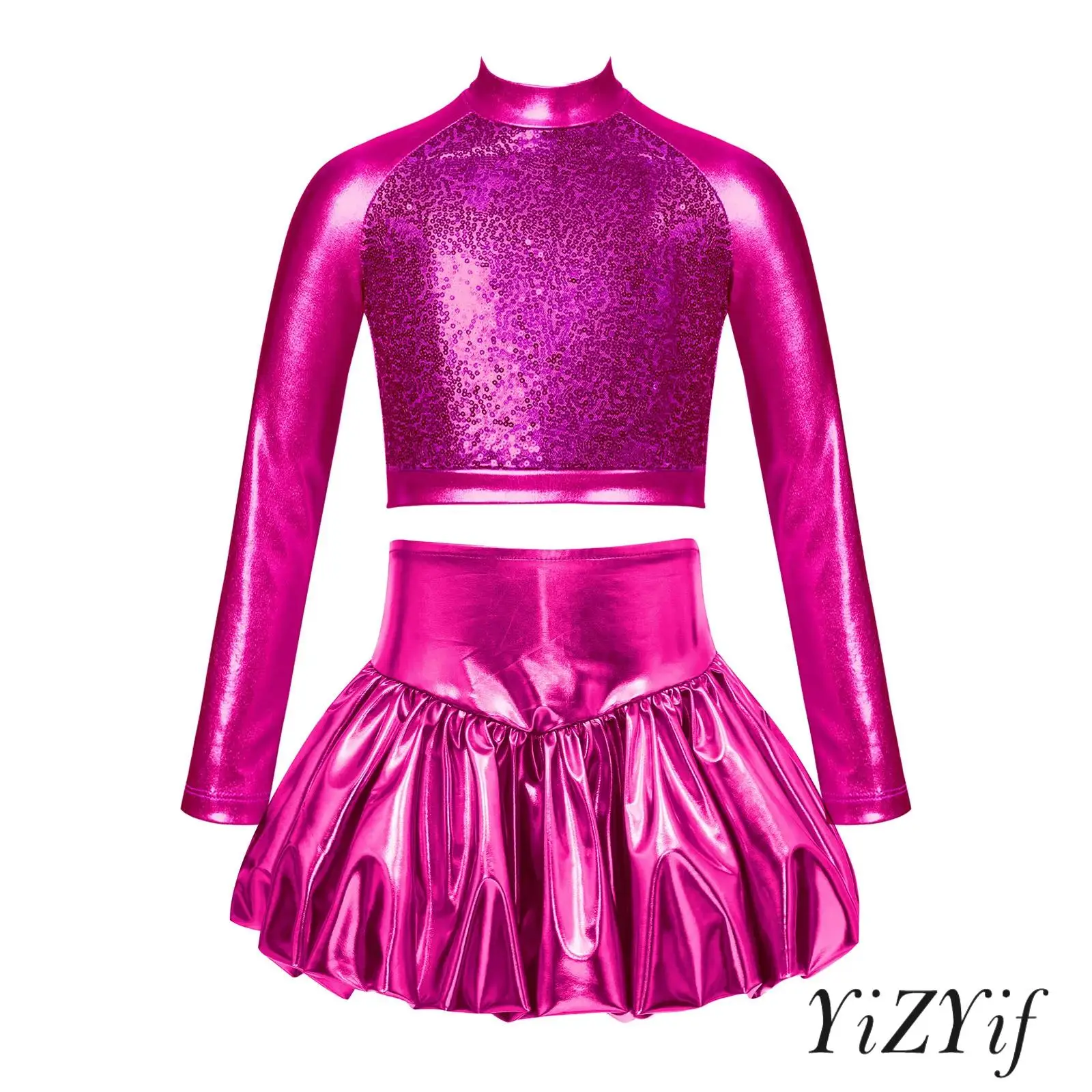 

Girl Jazz Dance Performance Outfit Mock Neck Long Sleeve Sequin Metallic Crop Top with Skirt for School Cheerleading Competition