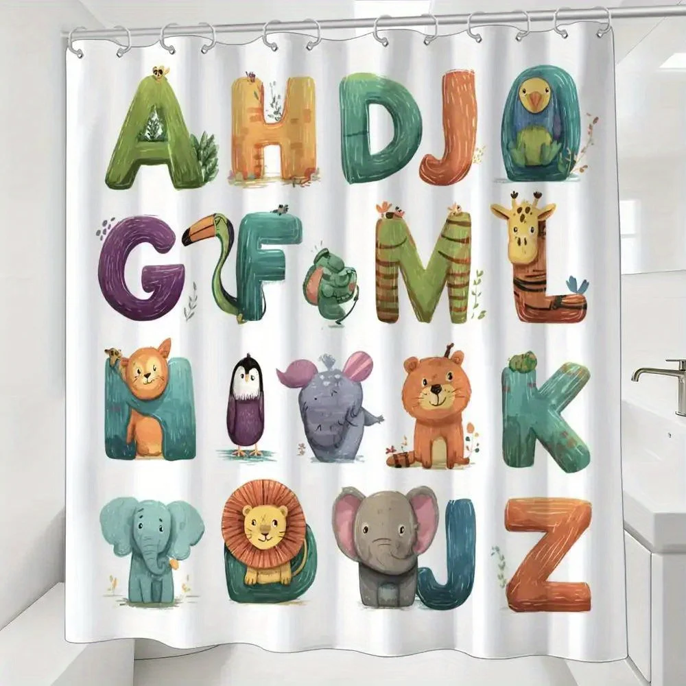 ABC Animal Alphabet Shower Curtain – Watercolor Letters with Cute Animals, 12 Hooks, 70.87×70.87