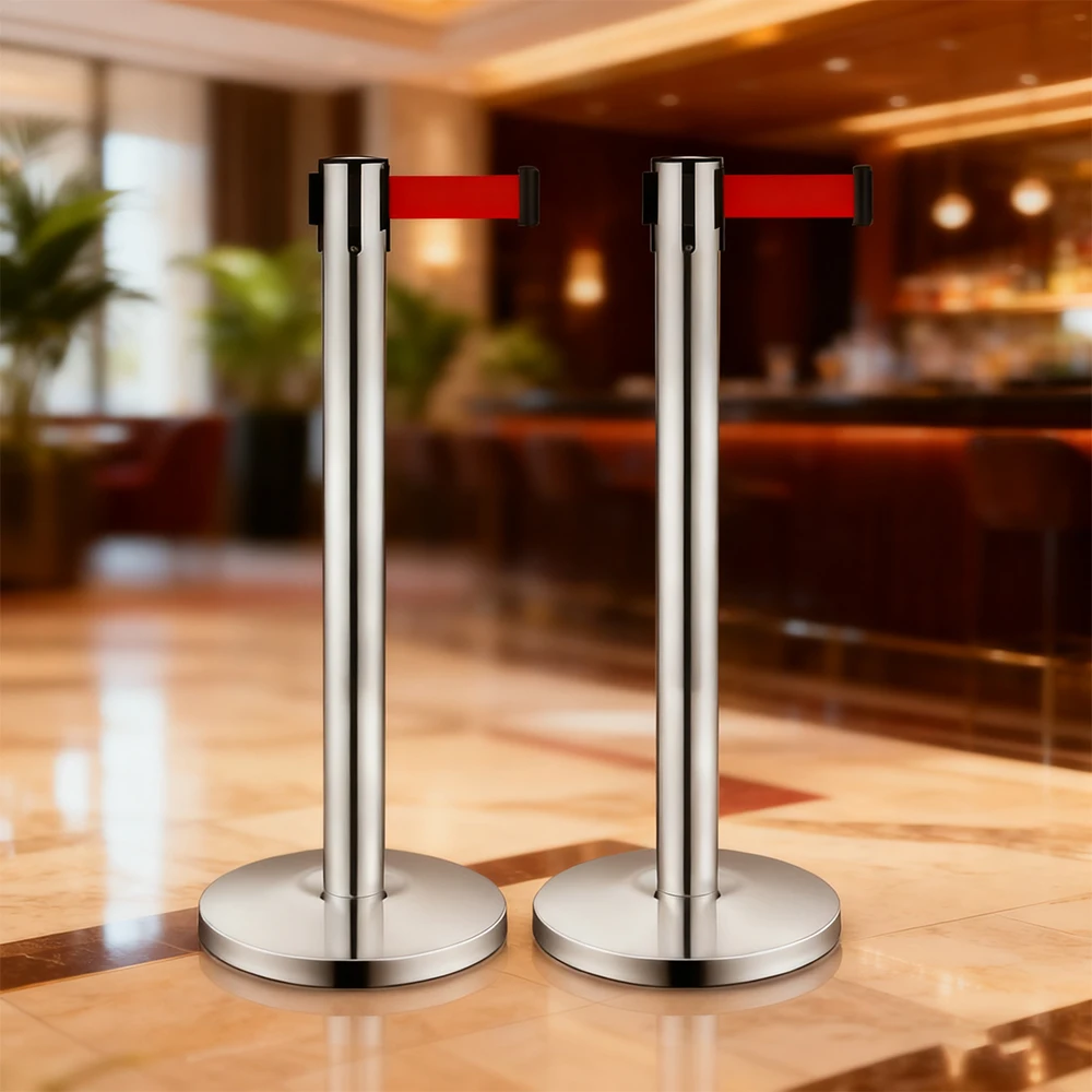 2m Red Strap Retractable Stainless Steel Queue Barrier - Crowd Control for Exhibitions, Airports, Hotels