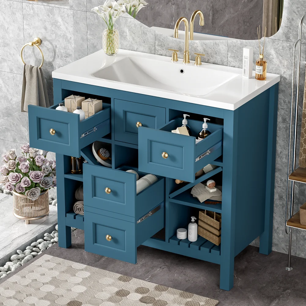 36'' Bathroom Vanity with Resin Sink Combo, Solid Wood Frame Bathroom Storage Cabinet, Freestanding Vanity Set with 5 Drawers