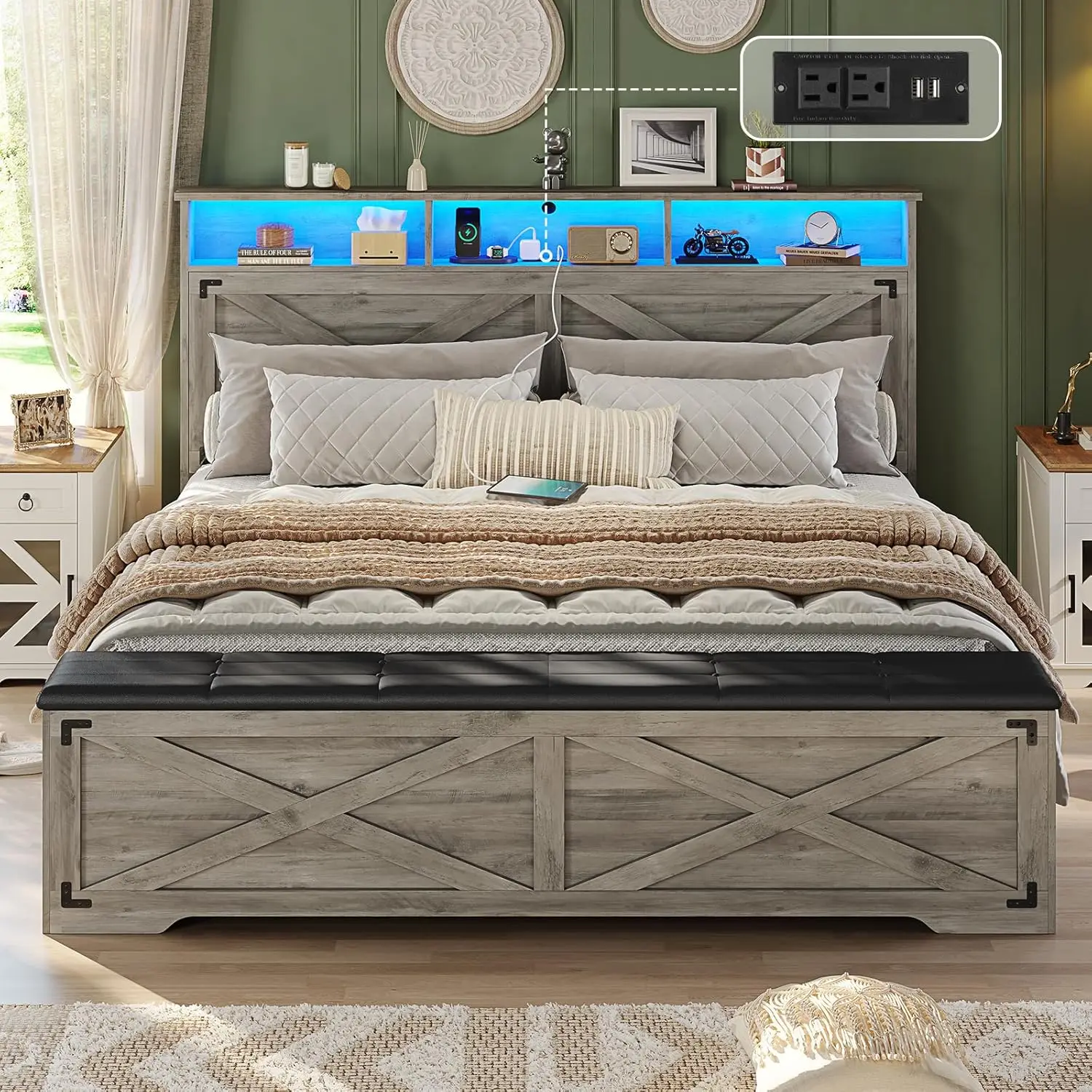 Queen Size Bed Frame with Storage Ottoman, Farmhouse Bed Frame with Charging Station and Led Light, Headboard with, Customized