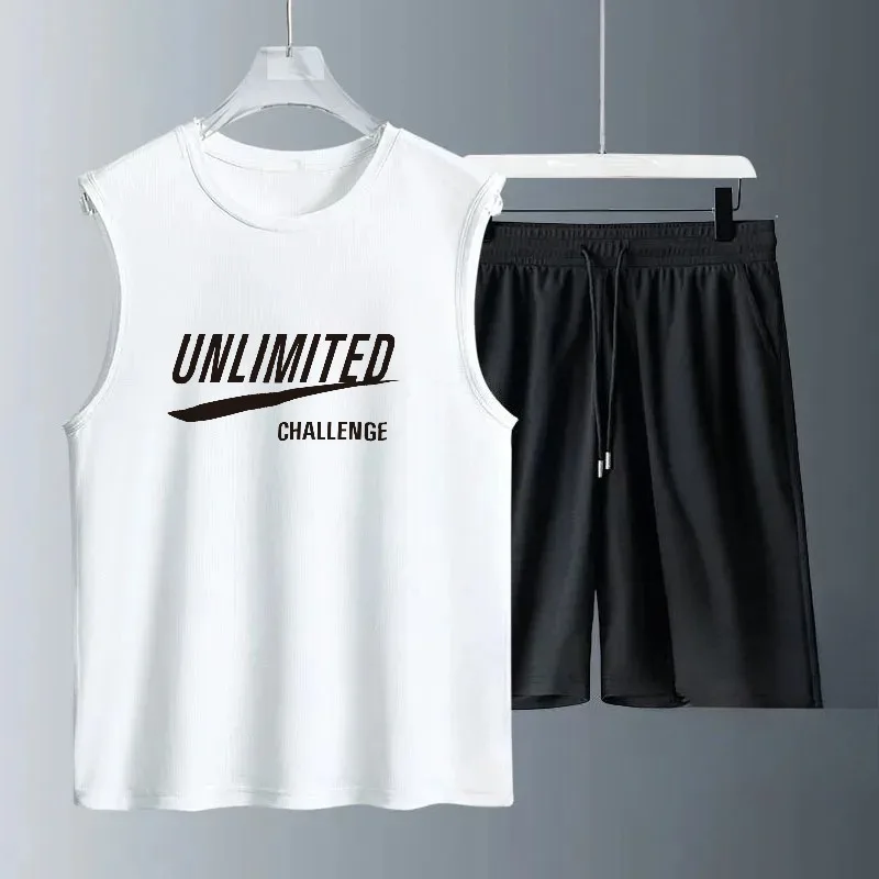 

2025 Summer Thin New sleeveless vest and shorts two-piece set casual sports Quick Dry solid color men's Graffiti Leisure suit