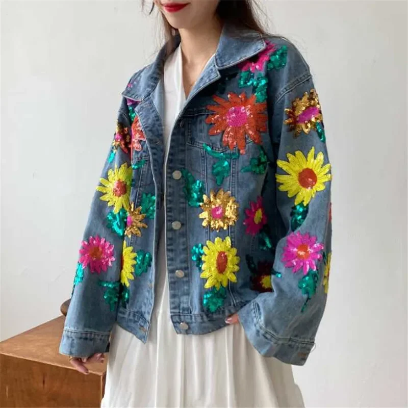 Autumn Harajuku Vintage Washed Blue Denim Jacket Women Fashion Sequin Flower Casual Loose Lapel Long Sleeve Female Jeans Jacket - Image 4