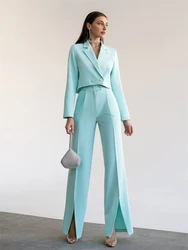 Tifany Green Two Piece Women Suit With Cropped Blazer Wide Leg Pants With Slit Wedding Guest Suit Pants Suit Customized