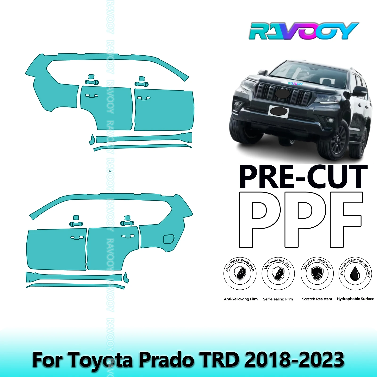 

For Toyota Prado TRD 2018-2023 8.5mil Clear Matte Pre-Cut PPF Door & A/B Pillar Kit TPU Paint Protection Film Set