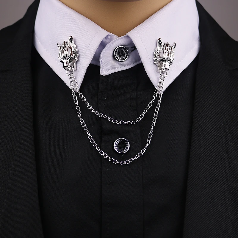 1 Pair New Chain Wolf Pin Brooches For Men's Suit Brooch Collar Decorated Wolf Head Shirt Accessories Tide Corsage Brooch Pins