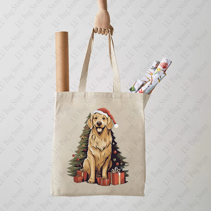 Bolso de mano con patrón navideño de árbol de Navidad y divertido Papá Noel Golden Retriever, bolsos de hombro de lona para el día a día, el mejor regalo para Navidad