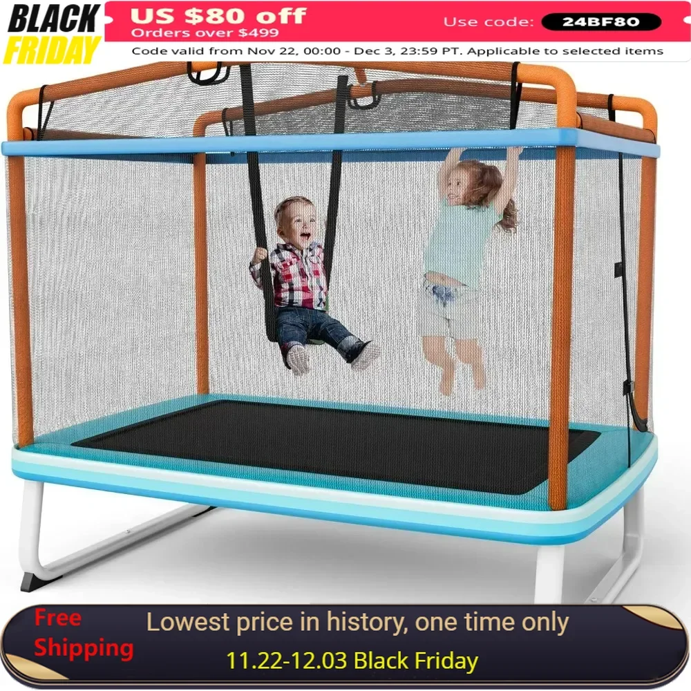 75” ASTM Approved Recreational Trampolines with Swing, Horizontal Bar & Enclosure Net, Mini Rectangle Trampoline for Baby