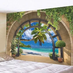 Seaside Coconut Tree Landscape Tapestry Nature Sea Art Ocean Beach 3D Print Wall Hanging Home Living Room Background Cloth Decor