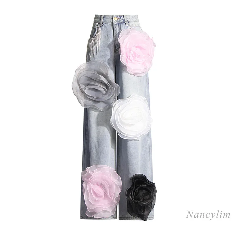 2024 Summer New Heavy Industry Design High Waist Straight Three-Dimensional Flower Stitching Jeans Wide Leg Denim Pants Women