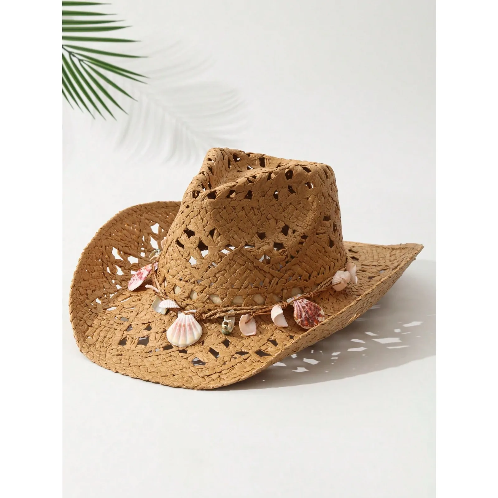 

1pcs Unisex Shell Decor Cowboy Hat Hollow Printed Cowgirl Hat Spring Summer Travel Shade Beach Hat Casual Sun Hat Straw Hat