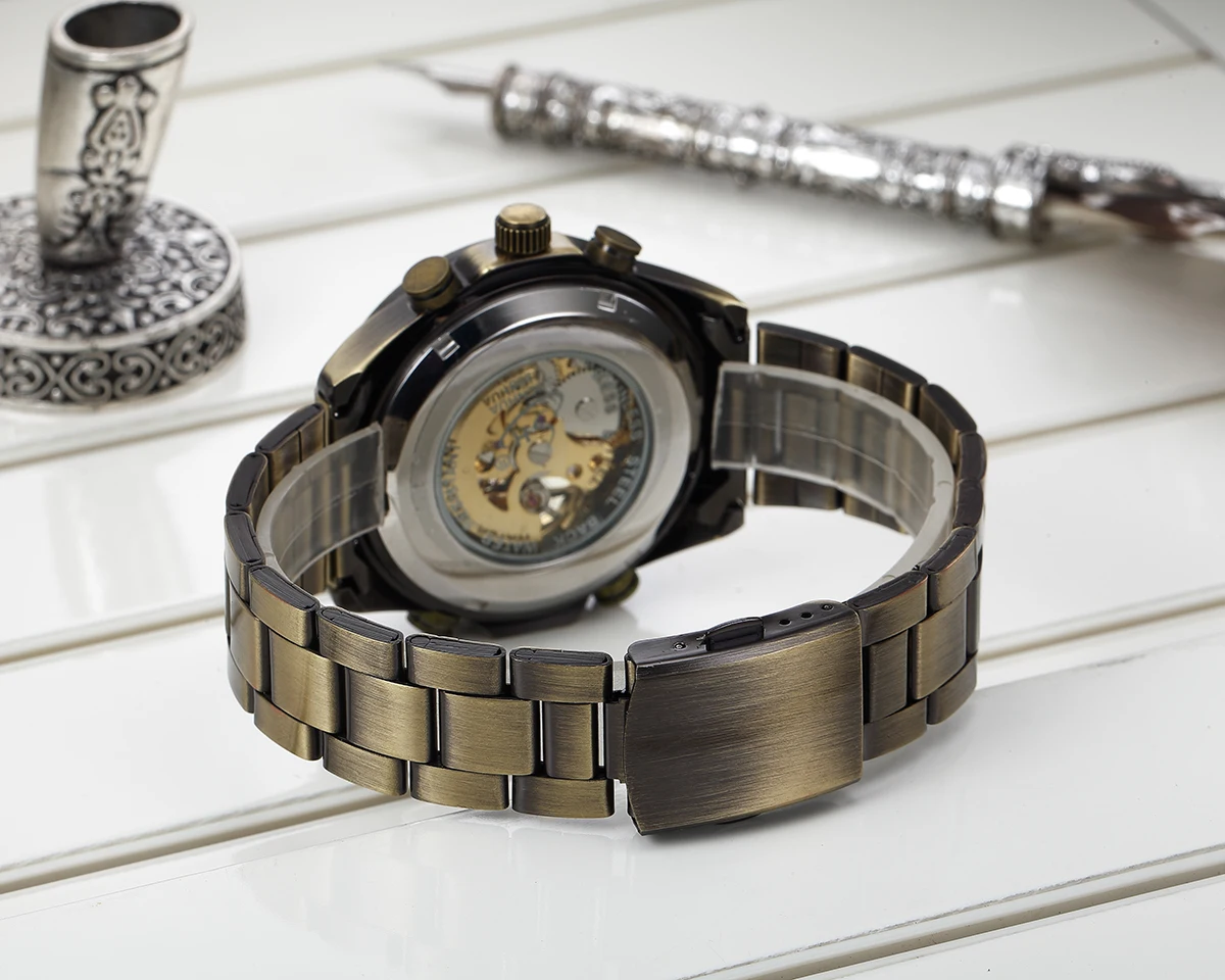 Relojes SHENHUA para hombre, reloj de pulsera mecánico automático con esqueleto de bronce Vintage, correa de acero, reloj impermeable de lujo para hombre