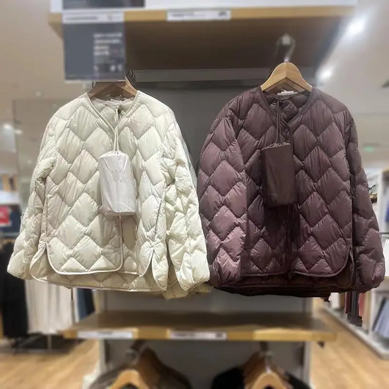 

Autumn Winter Lightweight Down Inner Tank V-neck Casual Single breasted Lightweight Down Jacket Solid Color Warm Women's Coat