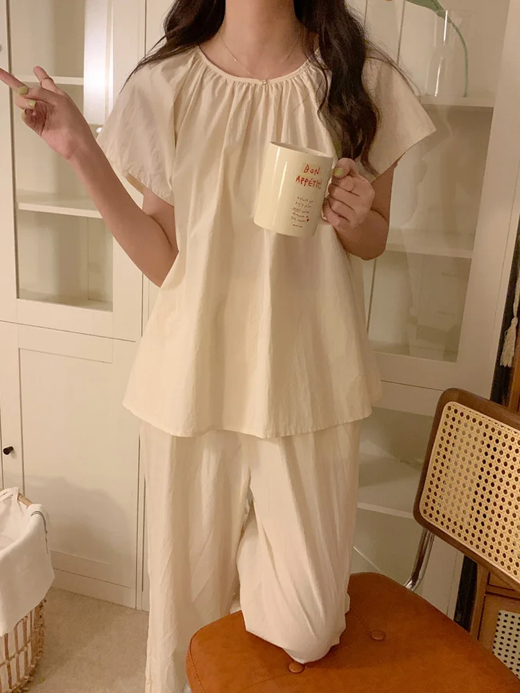 Home Solid Simple Cute Japanese Style Short Sleeved Pajama Set Women Loose Vacation Two Piece Set Casual Suit Elegant Sleep Tops