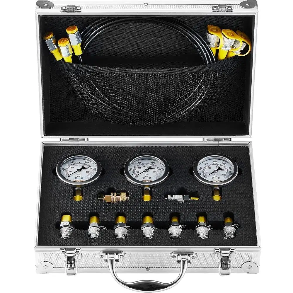 

Hydraulic Pressure Test Kit, 250/400/600bar, 3 Gauges 9 Test Couplings 3 Test Hoses, for excavator Hydraulic Test Gauge Set