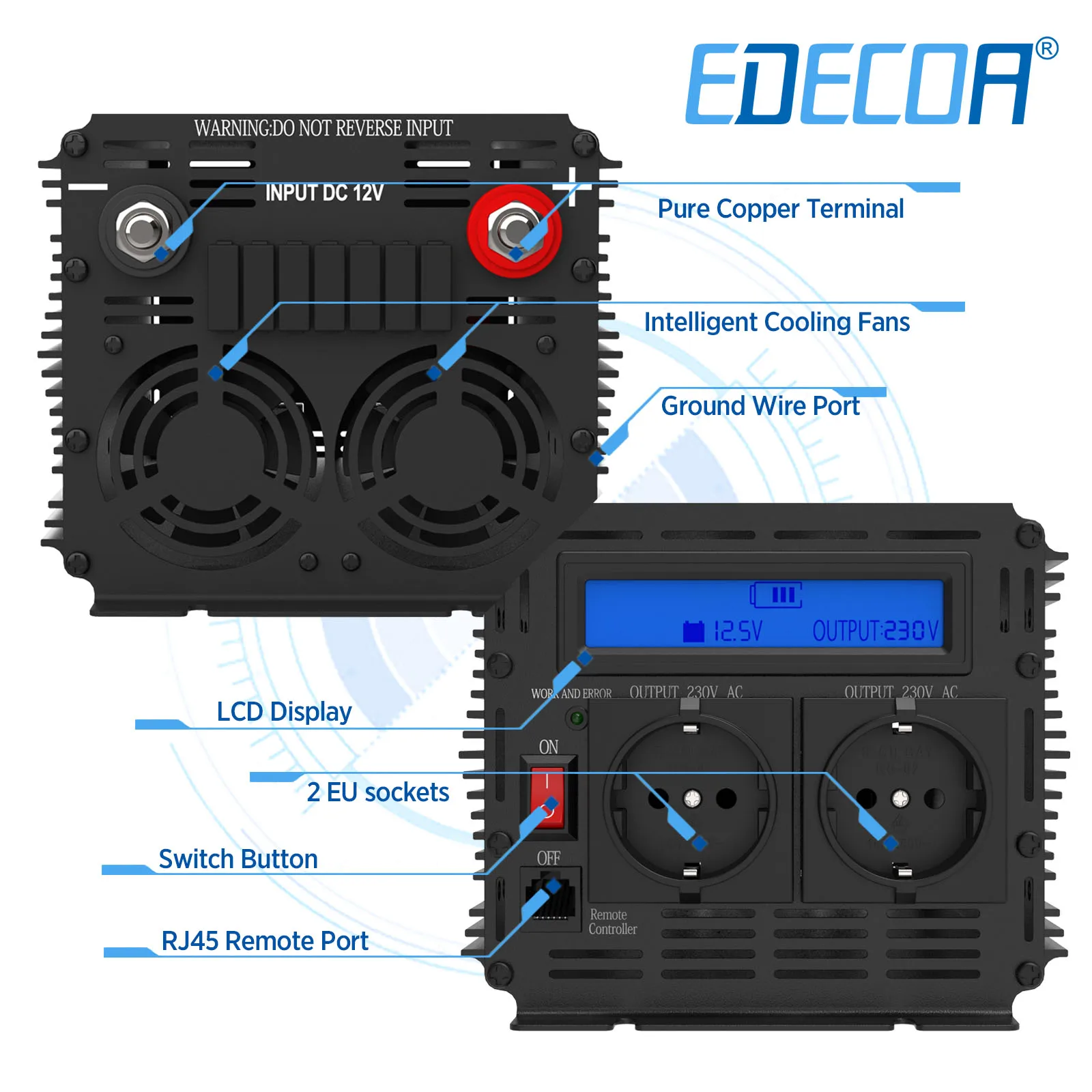 EDECOA 2000W DC 24V to AC 220V 230V converter modified sine wave inverter 2KW off grid transformer