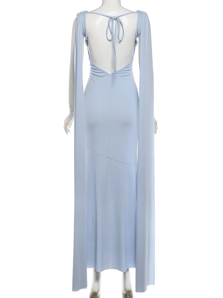Weird Puss Rückenfreies Bandage-Maxikleid für Damen, langes, mit Quasten versehenes, tief ausgeschnittenes, einfarbiges, schmales, elegantes Kleid für Geburtstagsfeiern, schicke Urlaubskleider – Detail 5