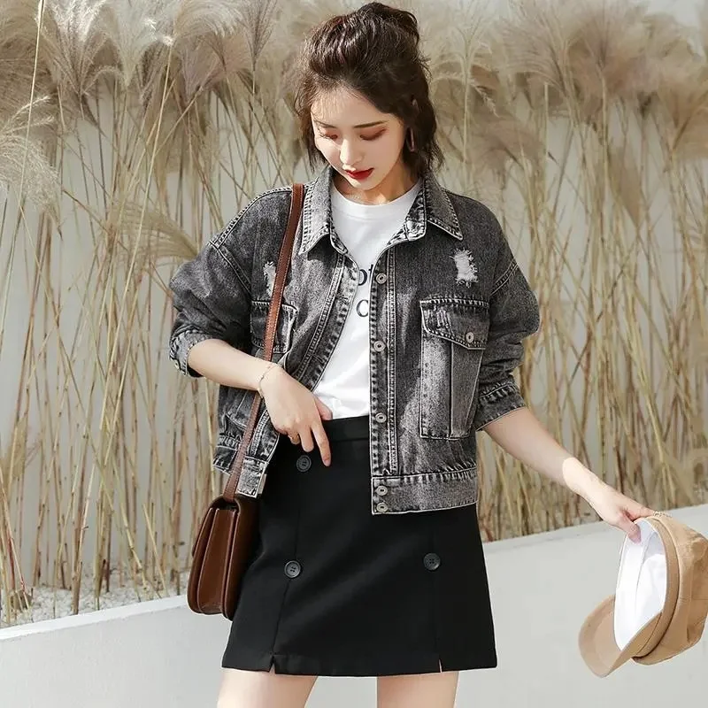 Korean Female Hole Denim Outwear Spring Autumn Women Fashion Long Sleeves Ripped Cowboy Coat 2024 Lady Solid Color Jeans Jacket