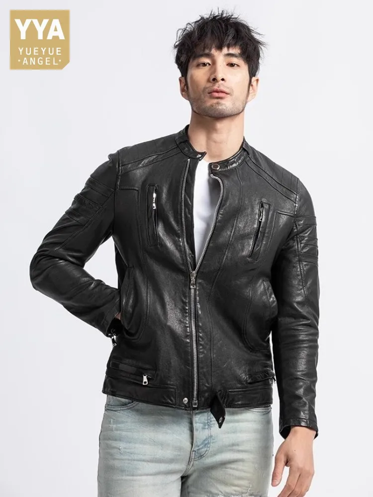 Punk Mens Genuine Leather Motorcycle Bikers Jacket Slim Fit Fashion Zipper Stand Collar Sheepskin Short Coat Customized 15 Days