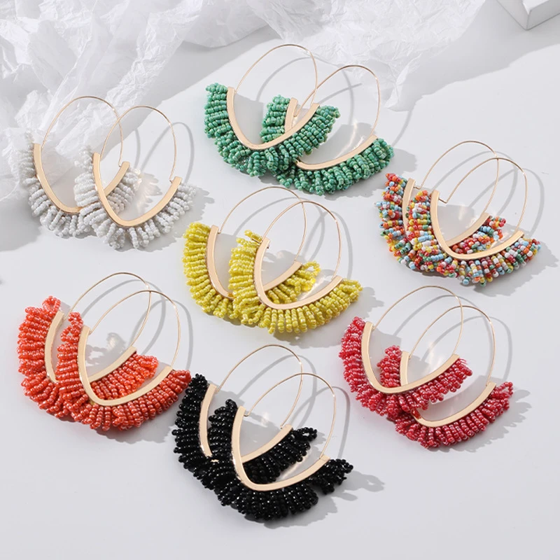 V Shaped Hoop Earrings Vintage Beads Earrings Hand Woven Circle Beading Bohemian Geometry Alloy Tassel Drop Earrings Jewelry