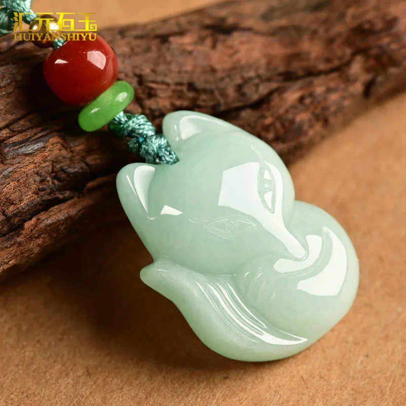 Natural A-grade Nine-Tailed Pendant, Burmese Jade Small Fox Lotus Jadeite Ornament