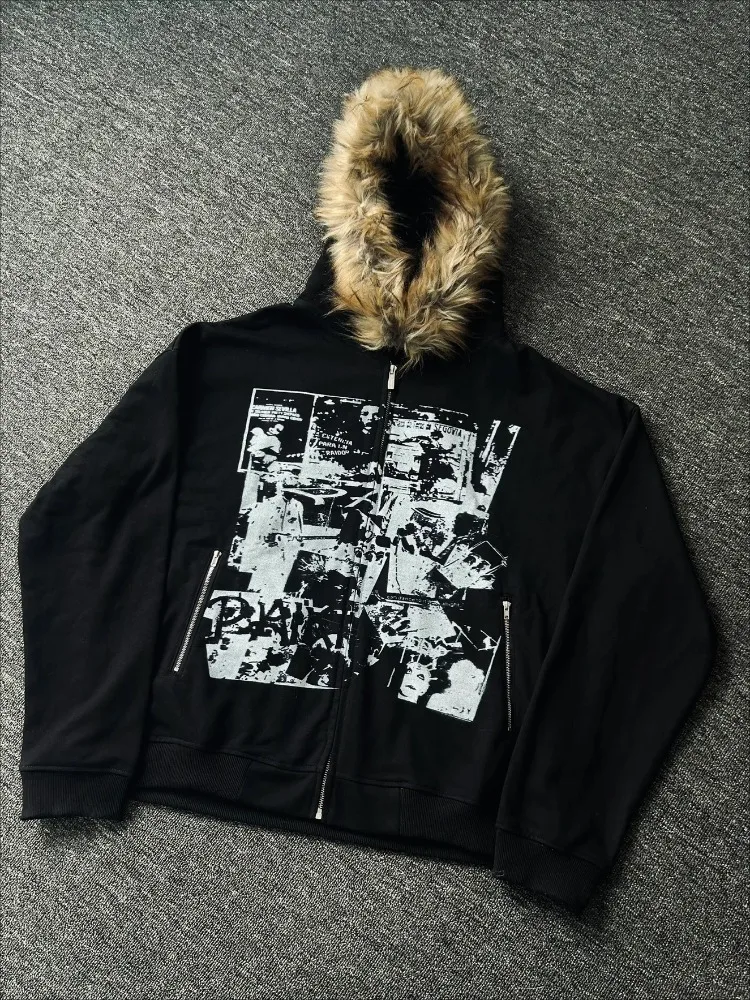 Y2K Streetwear Women Long Sleeve Hooded Coat Cat Ears Faux Fur Punk Jacket Retro Skulls Print Harajuku Casual Fall Outerwear