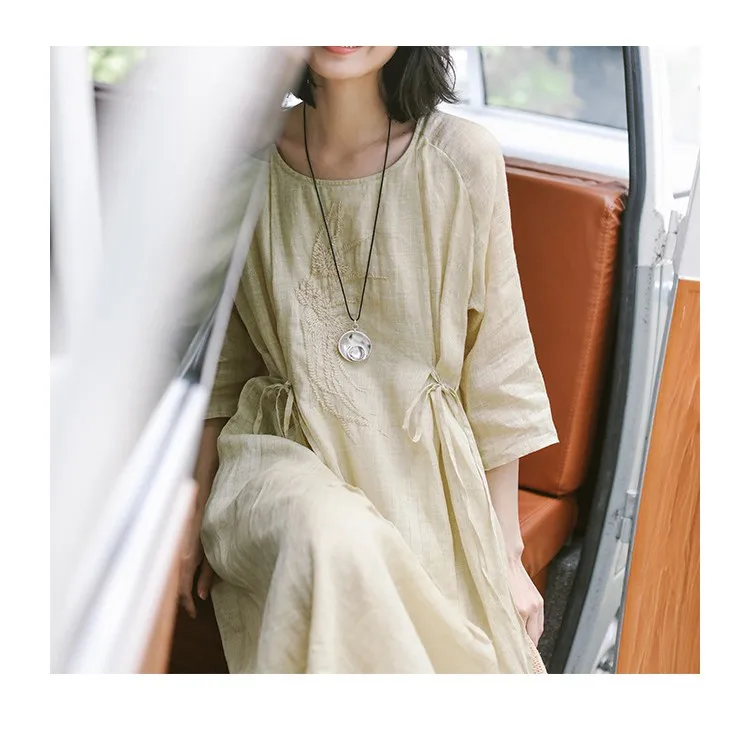 Novo verão feminino bordado artesanal de algodão Dr dupla camada com cintura solta artística Seven Sve Long D...