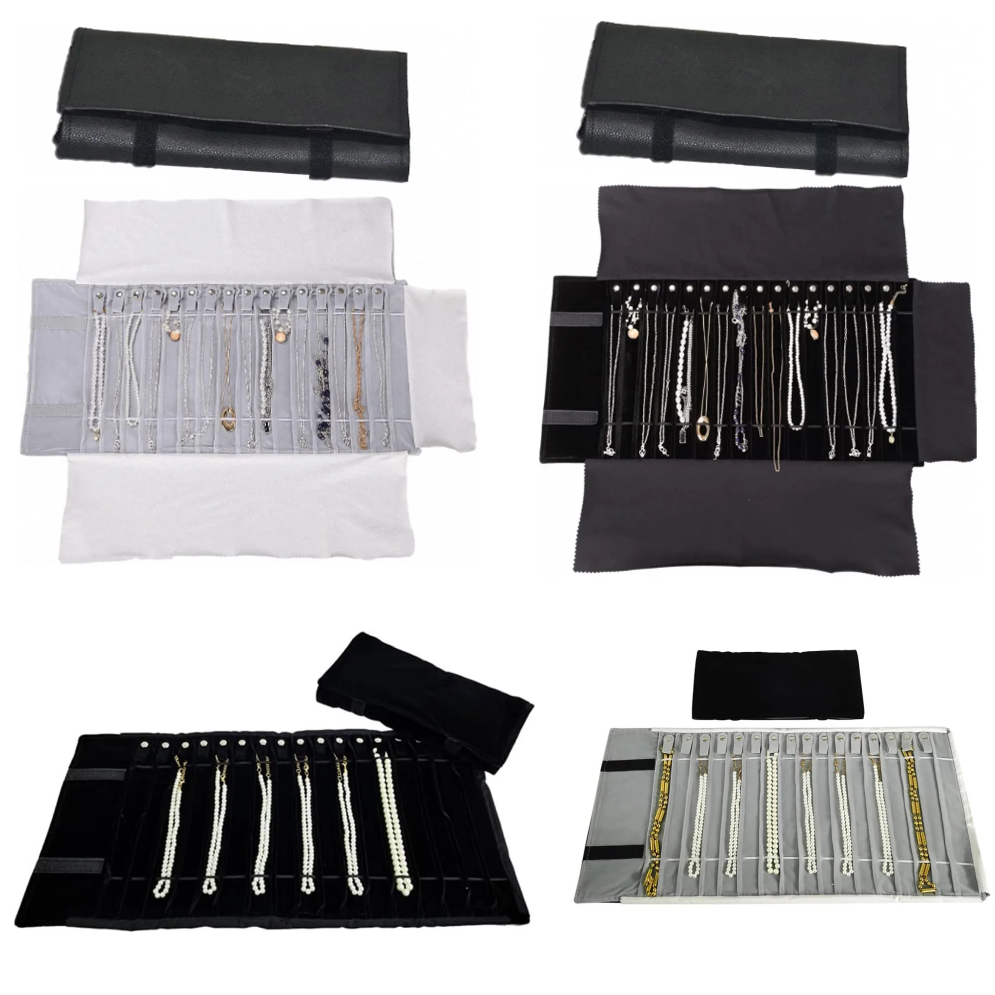 

Portable Jewelry Roll Untangled Secure Necklace Travel Storage Bag Displays Holder 16 Chain PU Leather Velvet Black And Gray