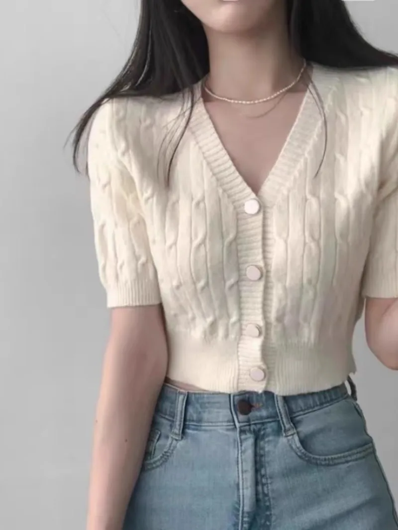 Twists Solid Color V-neck Short Sleeved Sweater Waist Sueters Cropped White Cardigan Mujer Sexy Tops Summer Korean Fashion Coat