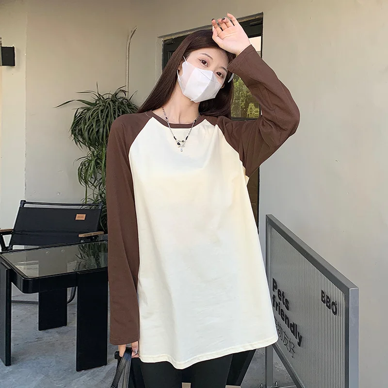 Spring Cotton Patchwork Midi-length T-shirt Women Casual Loose Raglan Sleeve Bottoming Tops Round Neck Female 2023 Clothing