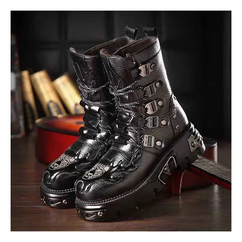 Retro Gothic Punk Men's Genuine Leather Motorcycle Boots Platform Thick Sole Winter Warm Mid-Calf Combat Boots Fashion48