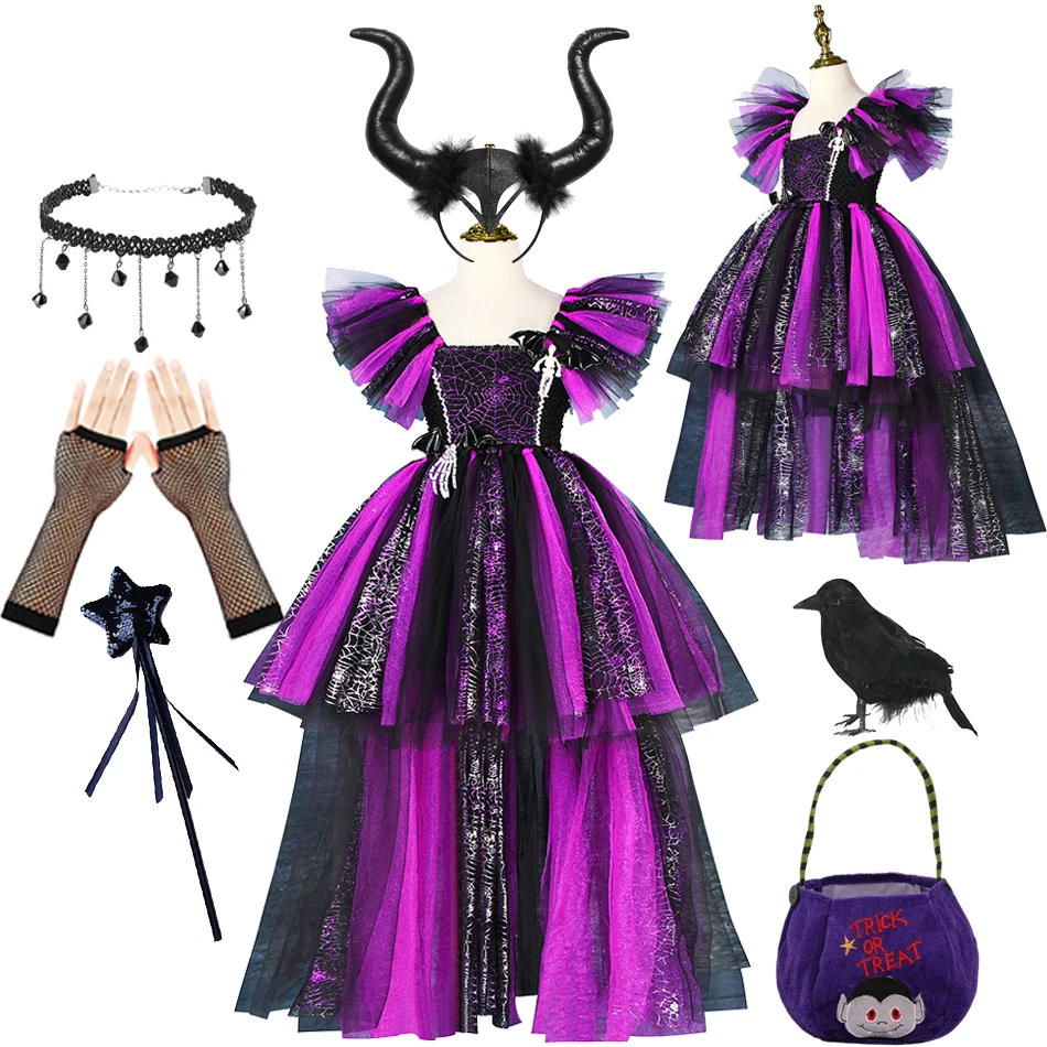 Disney Halloween Maleficent Witch Costume Kids Cosplay Demon Queen Deluxe Trailing Dress Girls Fancy Purple Glam Gown Clothes