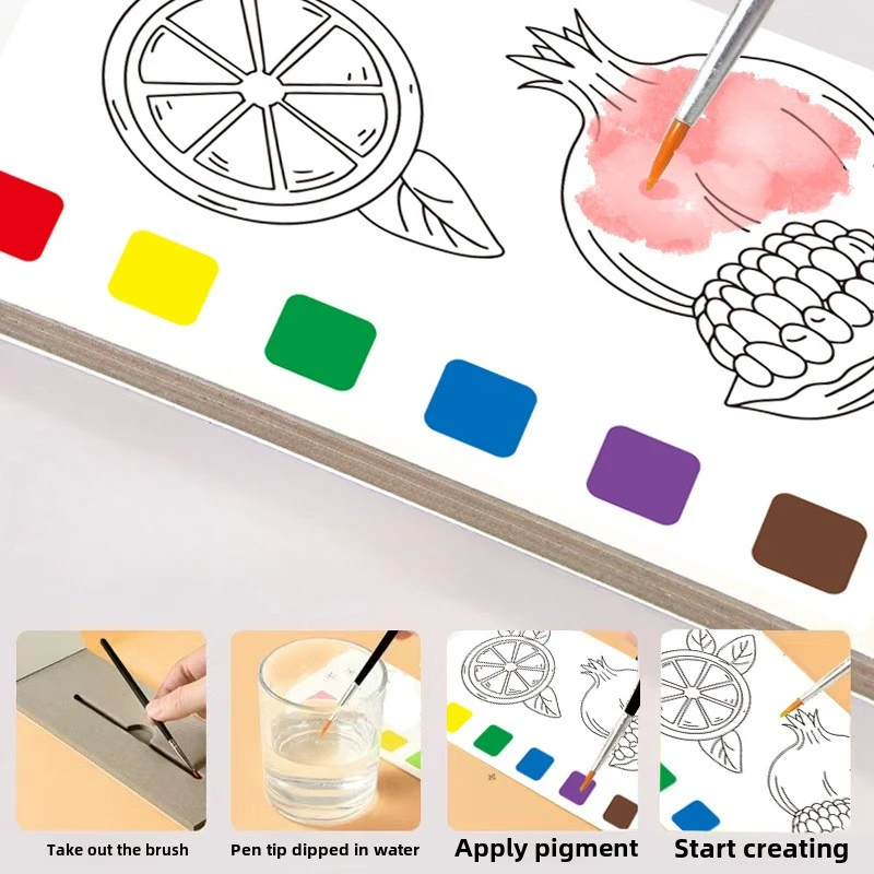 2025 New English Hot Selling Coloring Book Puzzle Students Mini Watercolour Paint Pad Fruit Watercolour Coloring Book