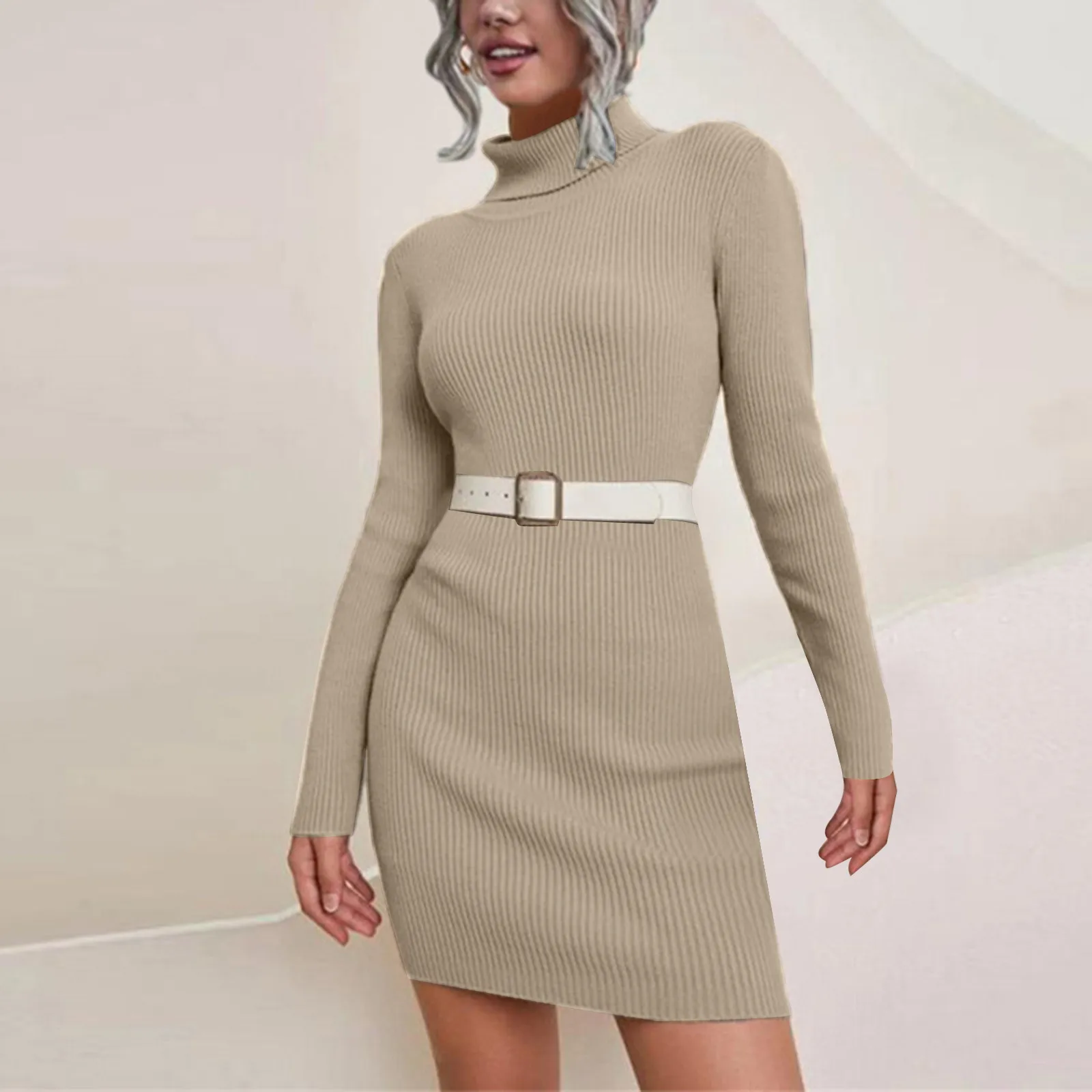 2024 Autumn Winter Turtleneck Knitted Dress Women Casual Vintage Belt Slim Wrap Pullovers Sweater Mini Dresses Female Vestidos