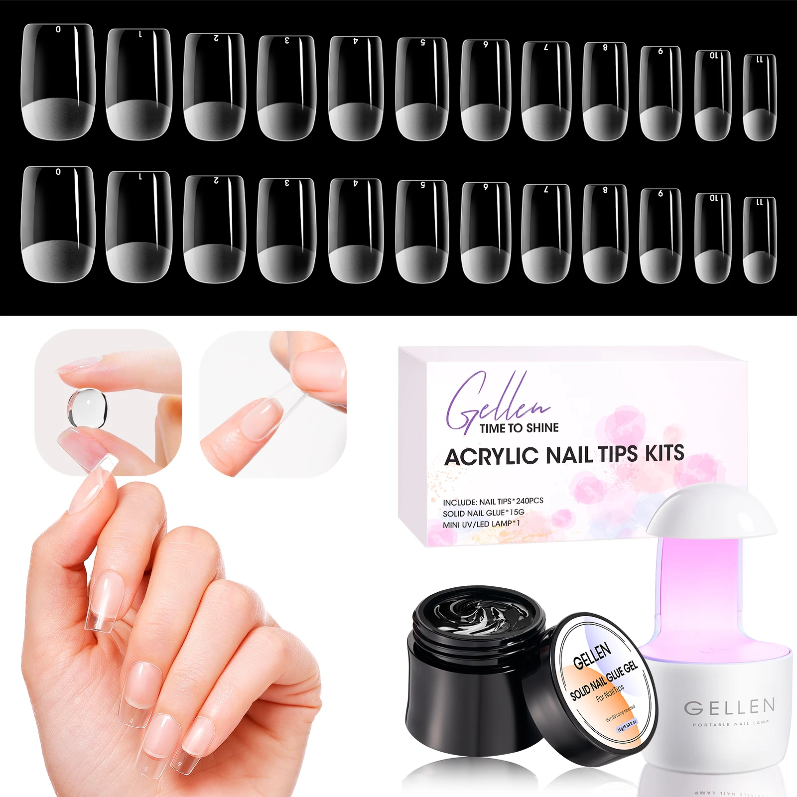 

GELLEN Gel Nail Tips Kit 240Pcs Pre Shaped Short Square Soft Tips 15g Solid Gel Glue UV LED Lamp DIY Manicure Set Long Lasting