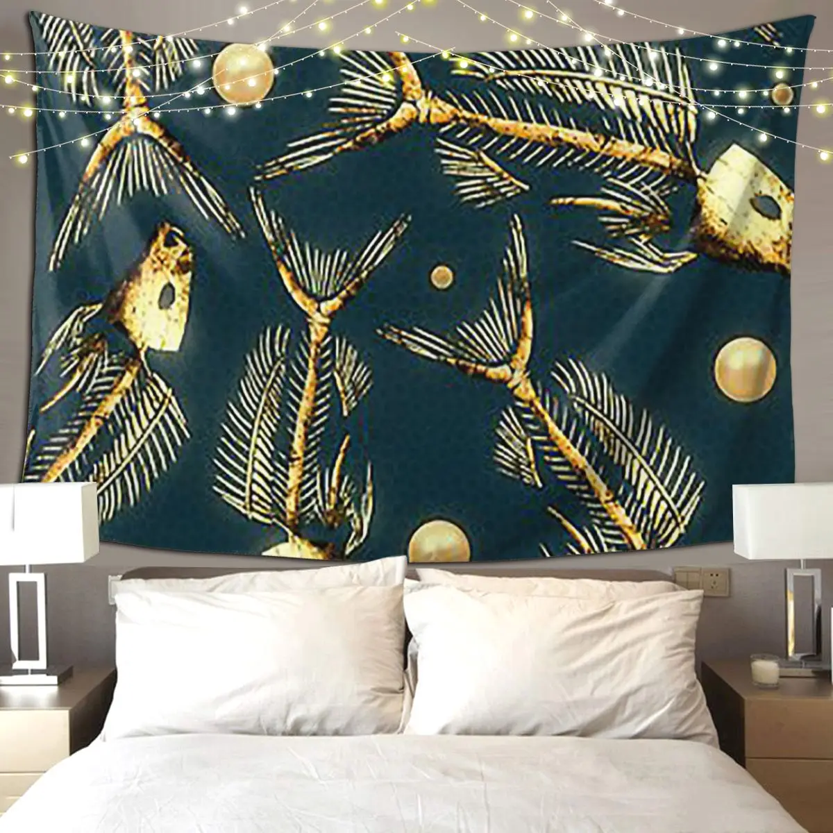 Golden Fish Skeletons Tapestry Art Wall Hanging Aesthetic Home Decor Tapestries for Living Room Bedroom Dorm Room