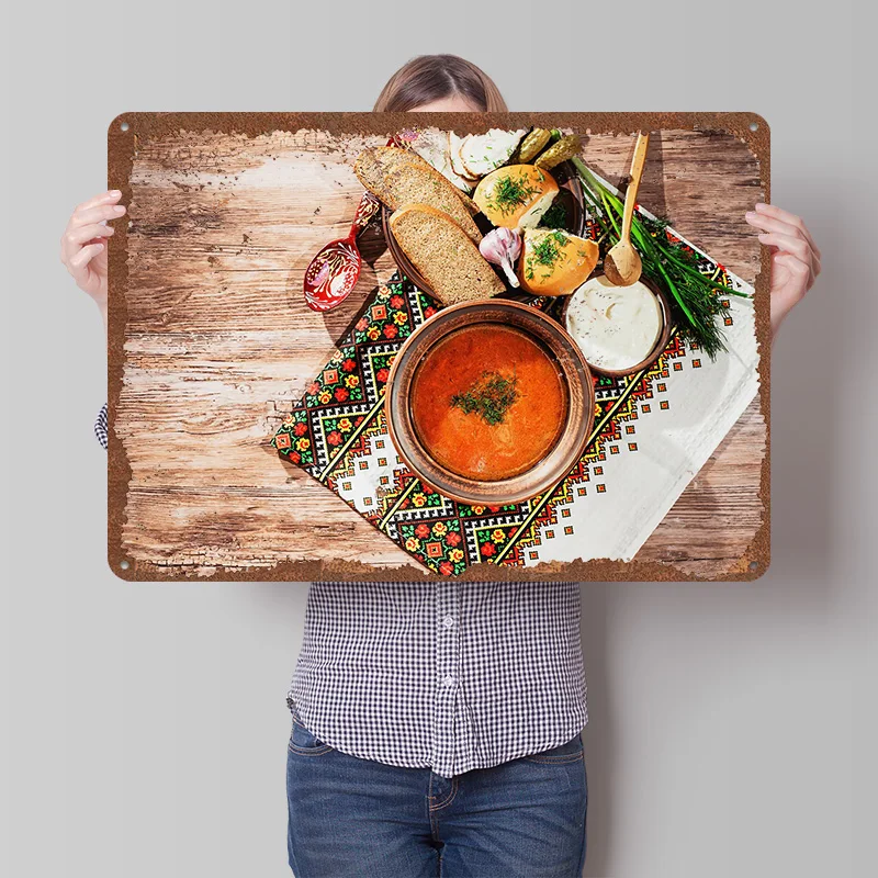 Ukrainian Borscht With Traditional Accompaniments Metal Poster Customized Wall Art Retro Vintage Tinplate Signs for Man Cave