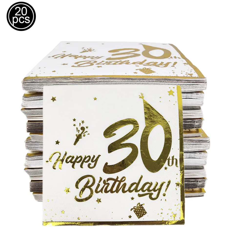20 قطعة 18th 30th 40th 50th 60th حفلة عيد ميلاد المناديل الذهب الأبيض الزفاف الذكرى المناديل المتاح أدوات المائدة المناديل