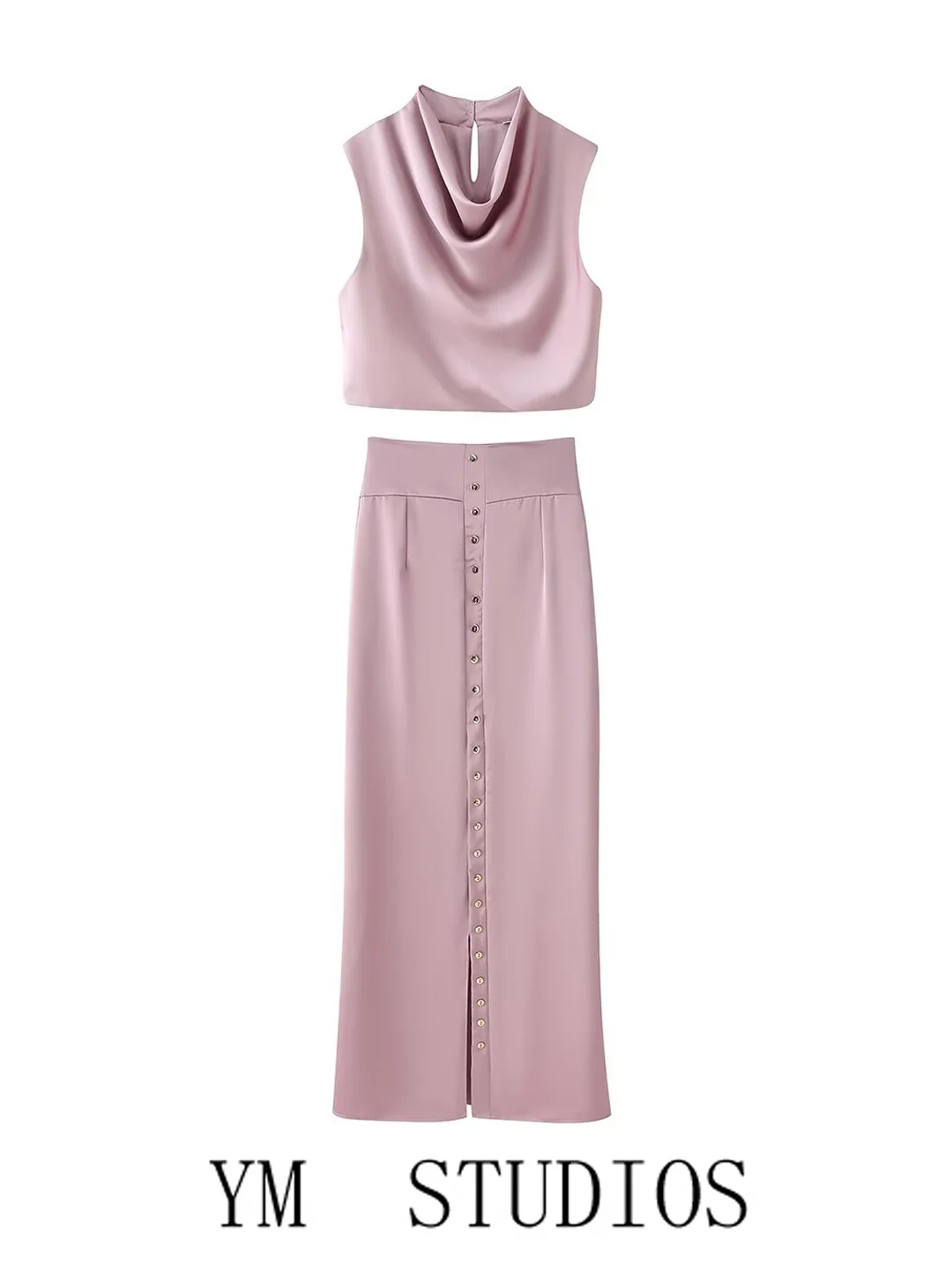 Women's Fashion Summer Outfit High Waist Slim Fit Vest Long Skirt Sleeveless Gored Hem Button Detail Casual Elegant Style