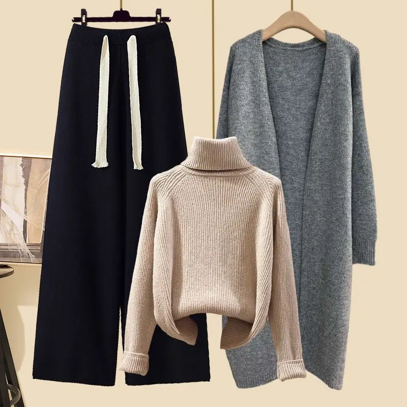 Winter New High Neck Knitted Sweater Casual Knitted Windbreaker Knitted Wide Leg Pants Three Piece Elegant Women\'s Pants Set