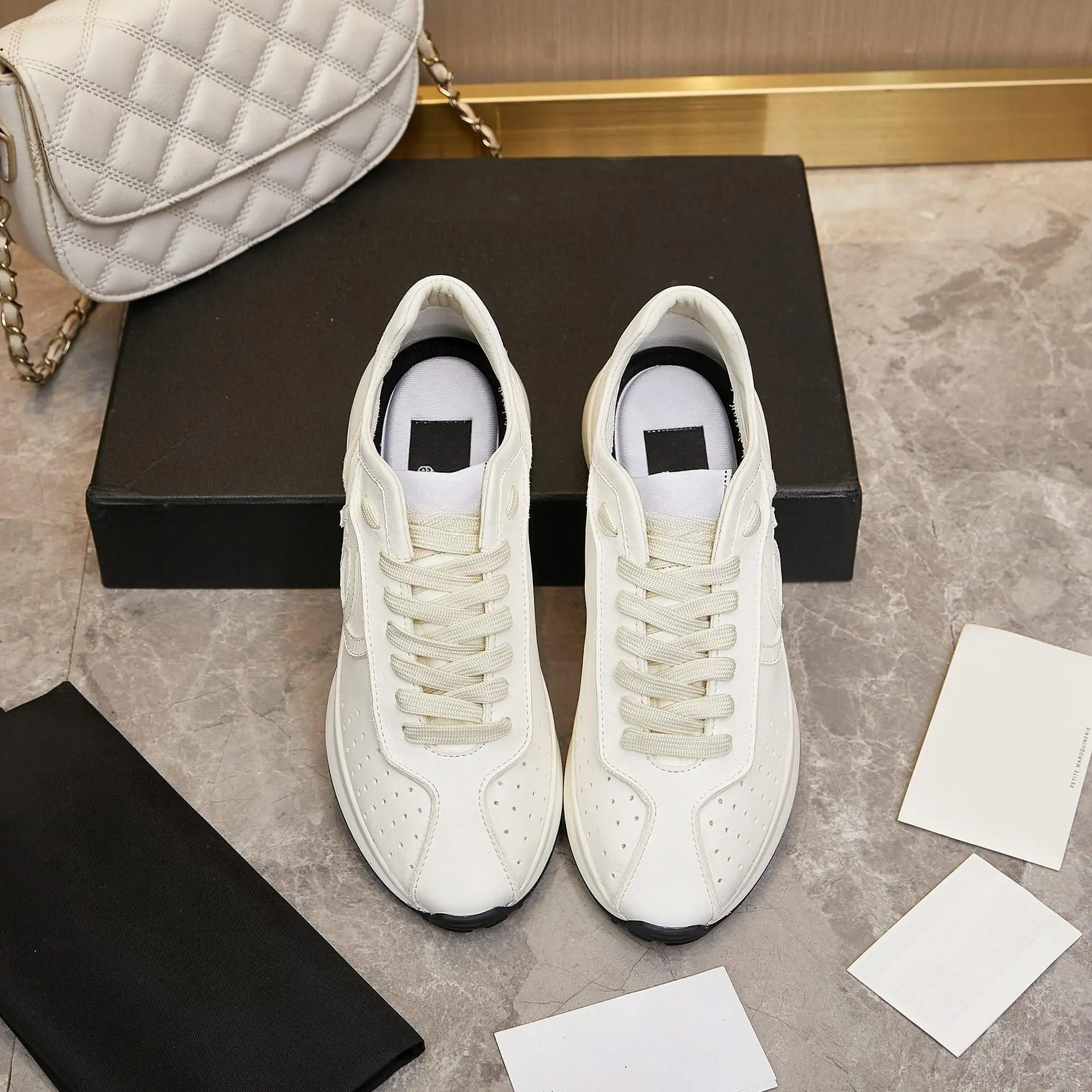 Unisex Cream White Perforated Leather Sneakers Breathable Hole Design Lace Up Black Tip Low Flat Sole Casual Walking Shoes