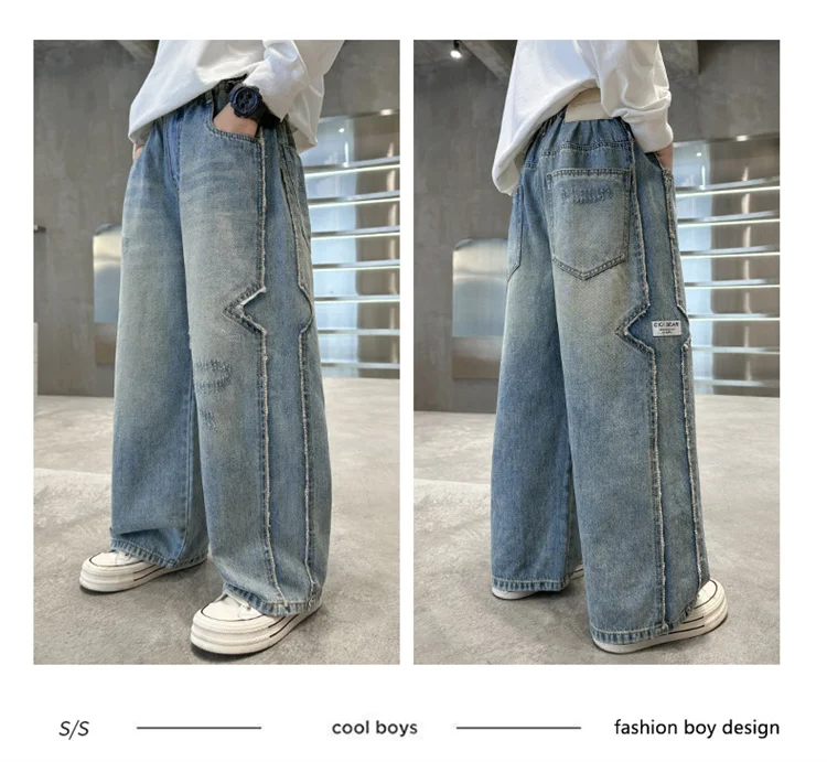 Frühlings- und Herbst-Jeans für Kinder und Jugendliche, Stylische Lose Gerade Hosen für Jungen im Europäisch-Amerikanischen Stil, Hochgeschnittene Baumwoll-Denim-Hosen – Detail 4