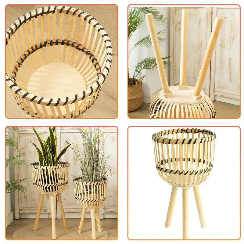 Woven Plant Stand With Legs Decorative Wooden Planter Holder With Handwoven Bamboo Basket For Indoor Plants Potted Plants Flower