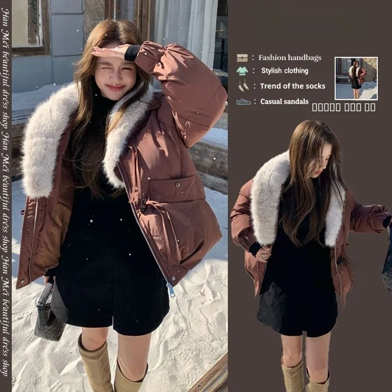 

Утепленная хлопковая куртка Ele Thiened Bread для женщин, зимняя верхняя одежда свободного кроя с коротким меховым воротником, теплая повседневная куртка из полиэфирного волокна