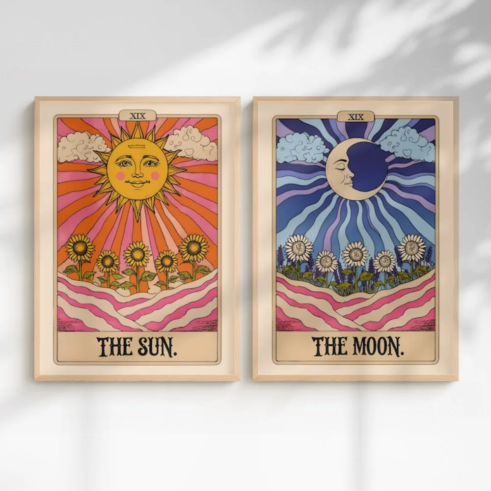Frameless Sun and Moon Tarot Card Print Set,retro Bohemian Mystery Wall Art,digital Download,living Room Bedroom Wall Decoration