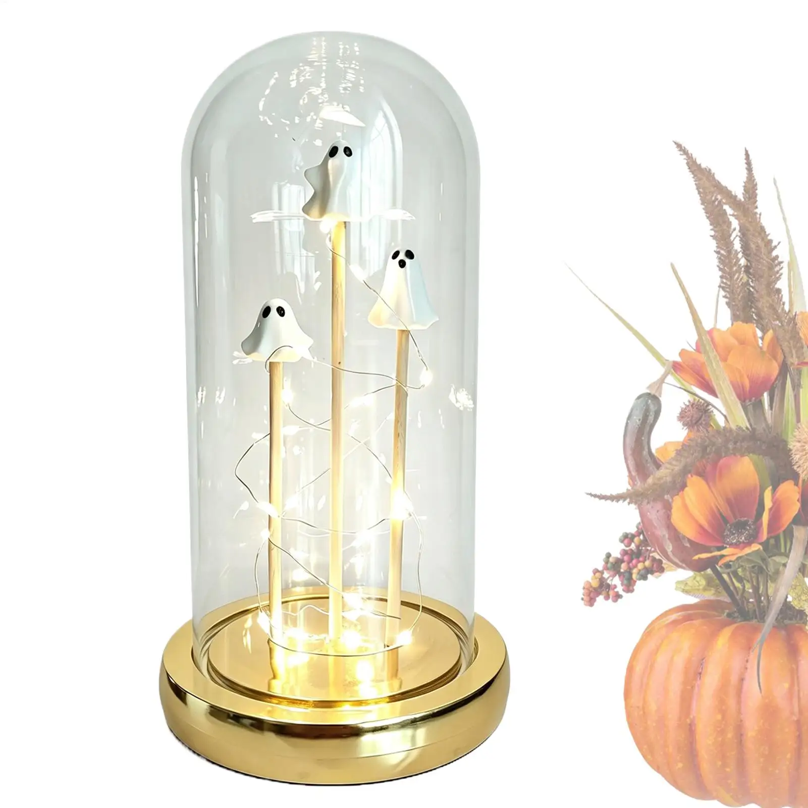 Halloween Ghost Hood Light 3 Mini Ghost Transparent Dome Small Night Lights Ghost in Glass Cloche Light Desktop Decoration