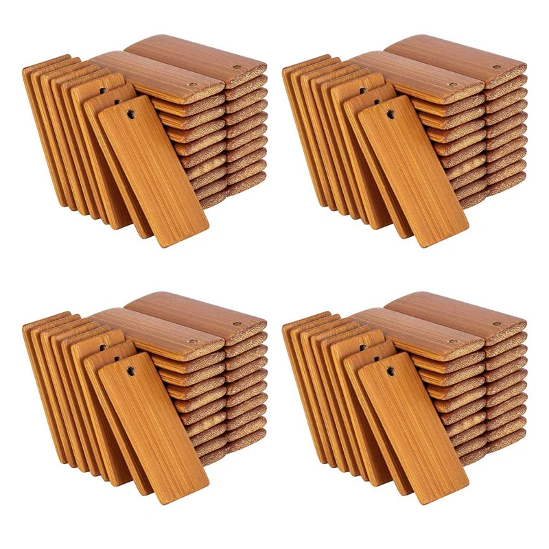 

400Pcs 45X20mm Rectangle Wooden Tags For Keychain Rings, Bamboo Unfinished Wood Key Ring Tag