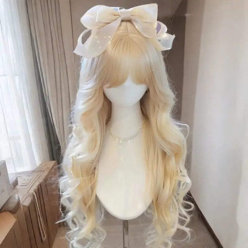 ‌ 여성용 로리타 가발 - 일본식 에어뱅 긴 곱슬머리, 애니메이션 팬을 위한 코스프레 가발, 소프트 걸 스타일