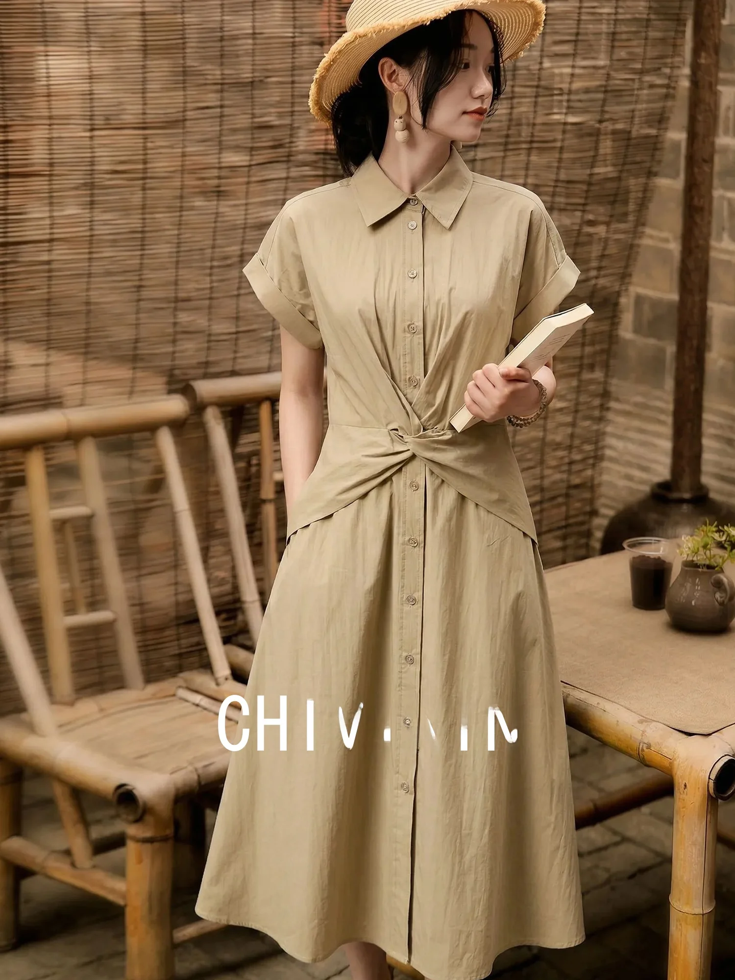 

Chivirin Summer Shirt Dress Women's Loose Fit Short Sleeve Cotton Blend Comfortable Commute Style Casual Elegant Long Dress