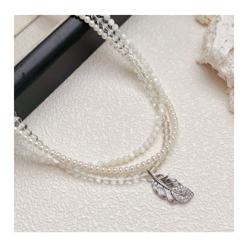 

Premium Feather Pendant Necklace Fashion Versatile Three-layer Bead Chain Niche Design Niche Design